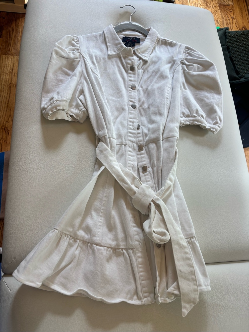 Jealous Tomato White Puff-Sleeve Button Front Dress with Waist Tie